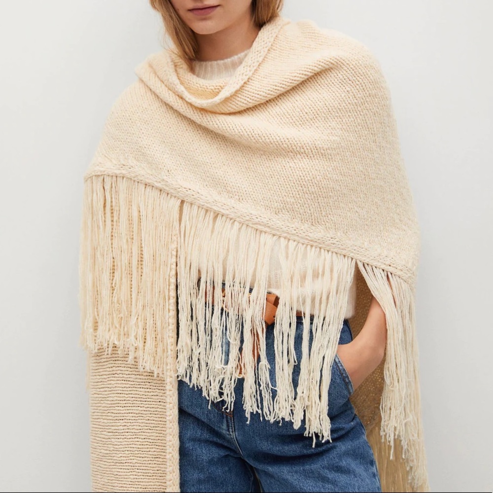 Mango Cream Fringe Knit Poncho